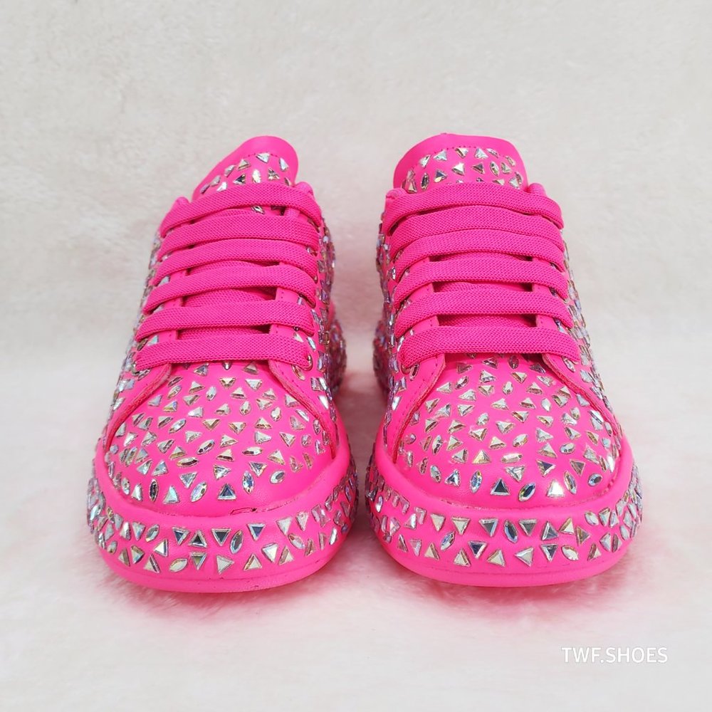 Geo Dazzle Cush Iridescent Stone Hot Pink Platform Sneakers Tennis Shoes - Picture 3 of 11